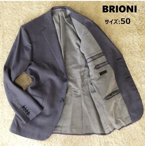 【美品 シルク混】BRIONI ブリオーニ サイズ:50(XL相当) テーラード ジャケット チェック 2B 肩パッド有 ネイビー 紺 ブルー 青