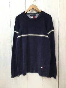 TOMMY HILFIGER トミーヒルフィガー コットンニット セーター クルーネック ニット すそロゴ メンズL 良品