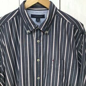 TOMMY HILFIGER トミーヒルフィガー ストライプシャツ コットン長袖シャツ 胸ロゴ メンズL 良品綺麗の画像2