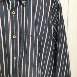TOMMY HILFIGER トミーヒルフィガー ストライプシャツ コットン長袖シャツ 胸ロゴ メンズL 良品綺麗の画像4