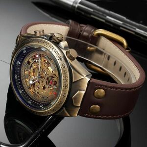 TK463:【定価76800円】１円スタート メンズ 自動機械式 腕時計 レトロ スケルトン 本革