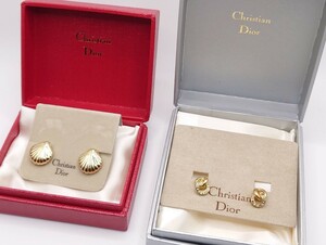 【R1-391】 Christian Dior イヤリング 2点 セット クリスチャン ディオール 貝殻 ラインストーン ゴールドカラー ブランド アクセサリー