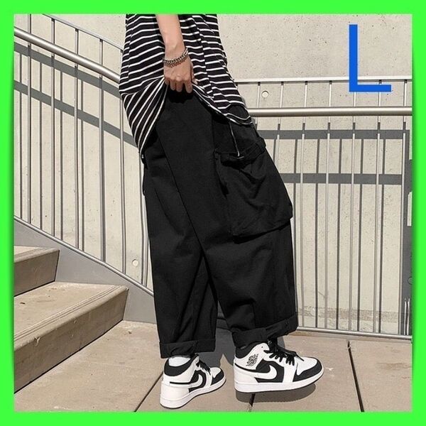 カーゴパンツ ワイド ユニセックス メンズ イージー ダボ 袴パンツ 黒 L