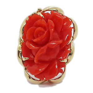 【天白】14K YG サンゴ バラデザイン リング #14 約5.7g 指輪 珊瑚 花 薔薇 イエローゴールド ジュエリー 金 585 仕上