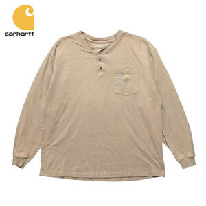 【980円スタート】USA 古着 長袖 Tシャツ Carhartt ベージュ メンズL カーハート ヘンリーネック ロンT ポケット付き ワーク 古着卸 BA1367