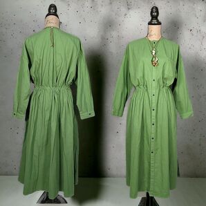 新品!ナチュラルランドリー◎ロングワンピース(F)長袖 腰紐で調節可 お洒落緑