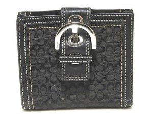 COACH コーチ ミニシグネチャー 2つ折り 財布 Wホック ☆ ブラック キャンバス × レザー ベルトデザイン レディース ▼6B