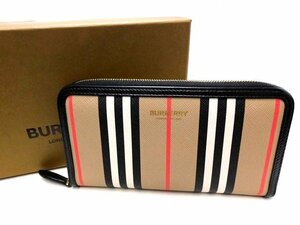 正規店購入品 美品 BURBERRY バーバリー ■ 80304481 エルモア アイコン ストライプ ウォレット ラウンドファスナー 長財布 □6B マ4100