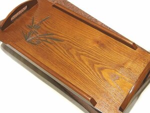 1/ unused goods high class wooden lacquer ware service tray black orchid carving * Brown tree product rectangle tray tray O-Bon antique V 6B