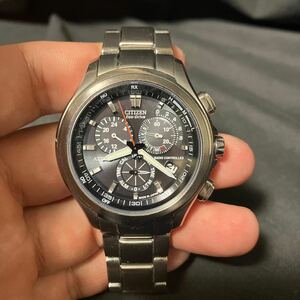 【美品】CITIZEN シチズン ECO-DRIVE ATTESA E610-T012540 稼動品 アテッサ クロノグラフ 腕時計 ブラック 