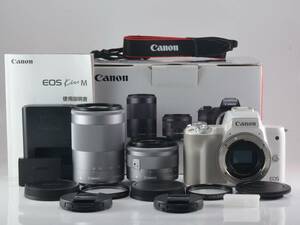 [美品] Canon (キヤノン) EOS Kiss M / EF-M 15-45mm / EF-M 55-200mm ダブルズームキット ホワイト 元箱付[動作保証] (52806)