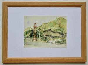 向井潤吉「半鐘のある村」印刷物 画集画 A4新品額入り