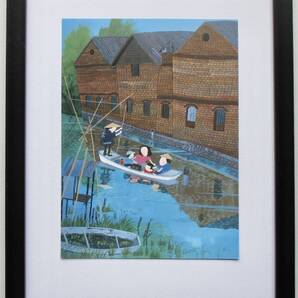 原田泰治 「ドンコ舟/福岡県山門郡三橋町江曲」印刷物 画集画 A4新品額入り スタンド付き