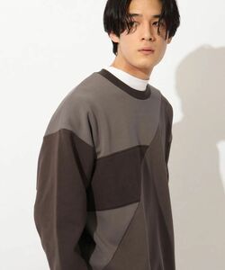 【THE SHOP TK/タケオキクチ】長袖プルオーバー異素材パッチワーク メンズMサイズ・ダークブラウン（未使用・未着用品）