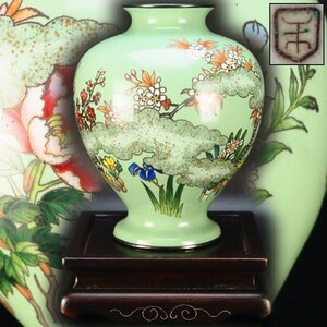 【治】生駒謹製　時代七宝作品　花紋七宝花瓶☆唐木台付　銀線　象嵌　置物　床飾り　金工花瓶　AS12