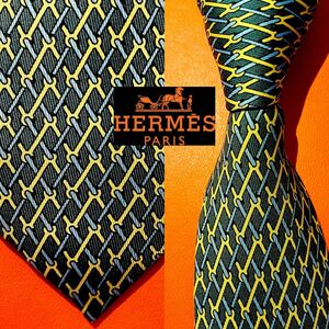 【美品グリーンイエロー】238エルメス　ネクタイ　HERMES フランス製 