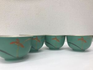 03refle0 【中古】湯呑 4客 蘭柄 グリーン 金彩 湯呑み 和食器 箱なし 【現状品】