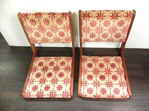 [R469]* Showa Retro * folding "zaisu" seat 2 customer set wooden gold . mountain . chapter pattern that time thing peace "zaisu" seat 