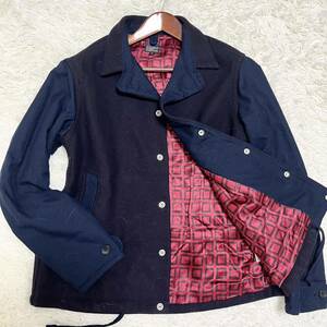 美品 ブルーナボイン BRUNABOINNE ウールジャケット ネイビー ワインレッド チェック 日本製 サイズ2 大きいサイズ ウエスト絞り 冬 メンズ