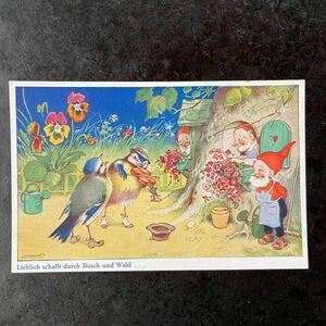 アンティーク　ヴィンテージ　ポストカード 1941年　Fritz Baumgarten バウムガルテン　鳥　小人　仲良し　バイオリン　ドイツ　絵葉書