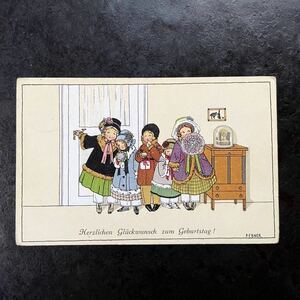 アンティーク　ポストカード　1934年　P.EBNER エブナー　誕生祝い　子供　女の子　男の子　花束　プレゼント　可愛い　ドイツ　絵葉書