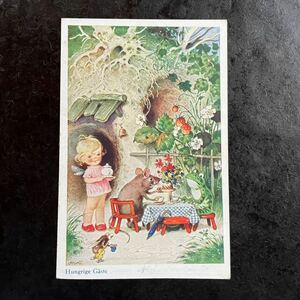 アンティーク　ポストカード　バウムガルテンBaumgarten 森の世界　女の子　妖精　カエル　ネズミ　虫　可愛い　天使　ドイツ　絵葉書