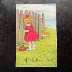 アンティーク　ポストカード　1932年　Lia Doring リア・ドーイング　イースター　女の子　うさぎ　可愛い　ユーモア　ドイツ　絵葉書