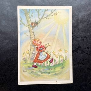 ヴィンテージ　ポストカード　1946年　Charlotte Baron 子供　女の子　花摘み　太陽　小鳥　可愛い　ドイツ　絵葉書