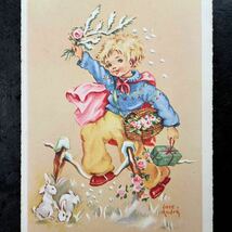 Luce Andre ★ ヴィンテージ ポストカード　1950年　Bonne Annee 新年　子供　ウサギ　雪景色　フランス　絵葉書_画像2