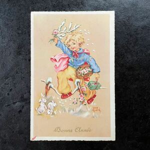 Luce Andre ★ ヴィンテージ ポストカード　1950年　Bonne Annee 新年　子供　ウサギ　雪景色　フランス　絵葉書