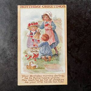 S.M.Bowley ★ アンティーク ポストカード　1924年　Tuck’s Oilette 誕生祝い　子供　女の子　人形　花冠　イギリス　絵葉書