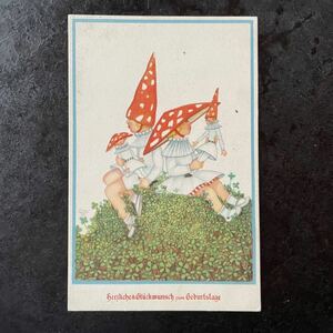 Mela Koehler メラ・ケーラー ★ アンティーク　ポストカード　1930年消印　キノコ帽　子供　女の子　男の子　人形　オーストリア　絵葉書