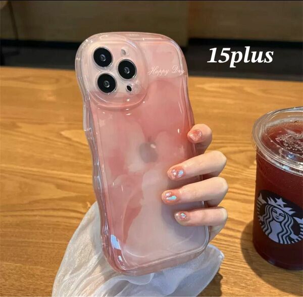 iPhone15plus 大理石　透け感　グラデ　ピンク iPhoneケース