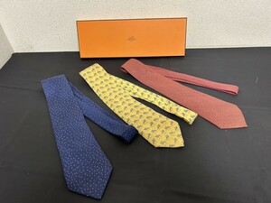 A2　HERMES　エルメス　ネクタイ　3点　SILK 100％　H柄　ロゴ　ブルー　レッド　イエロー系カラー　等　ブランド物　小物　箱付　現状品