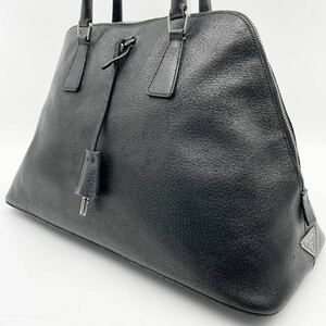  1円【美品・入手困難品】PRADA プラダ トートバッグ ハンド ミニボストン レザー 本革 ブラック 黒 三角ロゴプレート 鍵付き メンズ