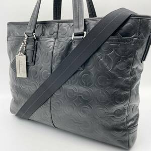 1円【美品・入手困難】COACH コーチ ビジネスバッグ ブリーフケース ショルダー 2way シグネチャー レザー 本革 ブラック 黒 総柄 メンズ