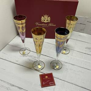 イタリア製 ベネチアンガラス 金彩 ワイングラス シャンパングラス 4客の画像2