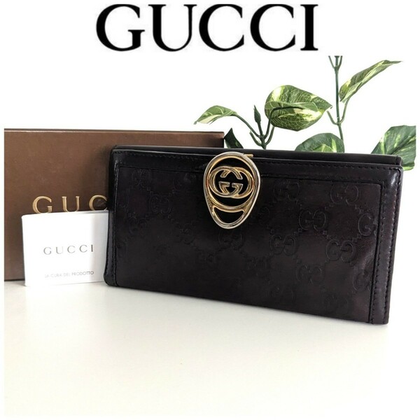 GUCCI オールドグッチ ビンテージ GG 本革 レザー ウォレット 長財布 ブラウン 茶色 ゴールド アンティーク イタリア製 レディース メンズ