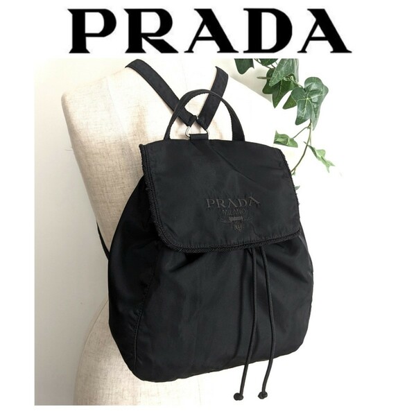 良品 PRADA オールドプラダ 刺繍 ヴィンテージ ナイロン 軽量 リュック 巾着 ハンドバッグ 鞄 バックパック 黒 ブラック レディース メンズ