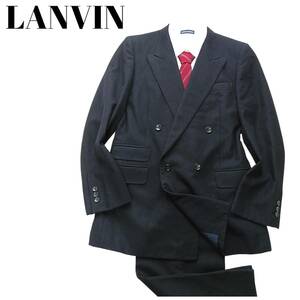 秋冬　厚手フランネル　90's　ヴィンテージ　レトロ　ダブルスーツ　シャドウロゴ　ランバン　ネイビー　紺　LANVIN　46　240130-01