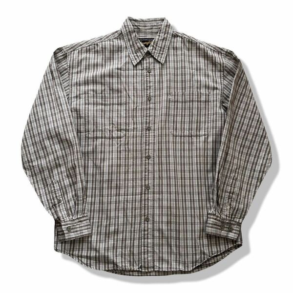 【00s】Wrangler(ラングラー) 刺繍ロゴ 長袖チェックシャツ グレー×ブラウン L 柄シャツ カジュアルシャツ ウエスタン アメカジ 古着