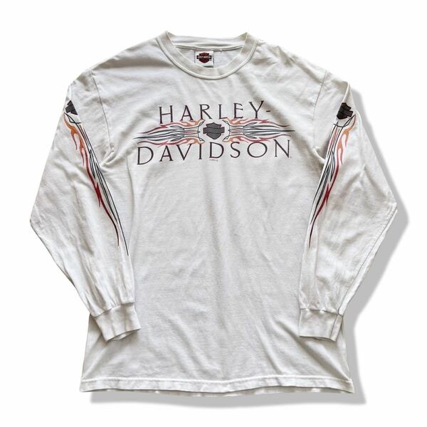 【00s】ハーレーダビッドソン ファイヤーパターン Hanes 長袖Tシャツ M ホワイト Hanes BEEFY-T ヴィンテージ ロンT アメリカ製 USA製