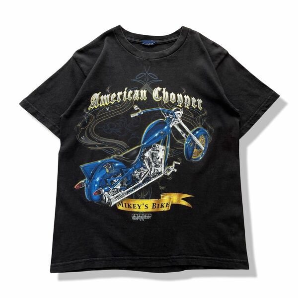 【00s】American chopper 3Dプリント 半袖Tシャツ ブラック クルーネック ハーレーダビッドソン バイク ヴィンテージTシャツ 古着