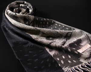 WINTER PASHMINAS◆KV-3063 極上 パシュミナ【ブラック系/Design Feather】大判 ストール/マフラー Scarf/ Stall