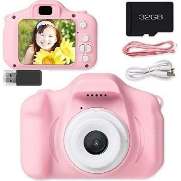 キッズカメラ 子供用カメラ デジタル 2.0インチ USB充電 32GB ピンク プレゼント 贈り物 思い出 レンズ 大人 軽量 コンパクト 手軽
