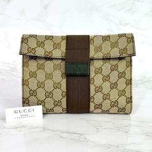 美品 グッチ GUCCI ポーチ GG GGキャンバス コンパクト ブラウン 自00093