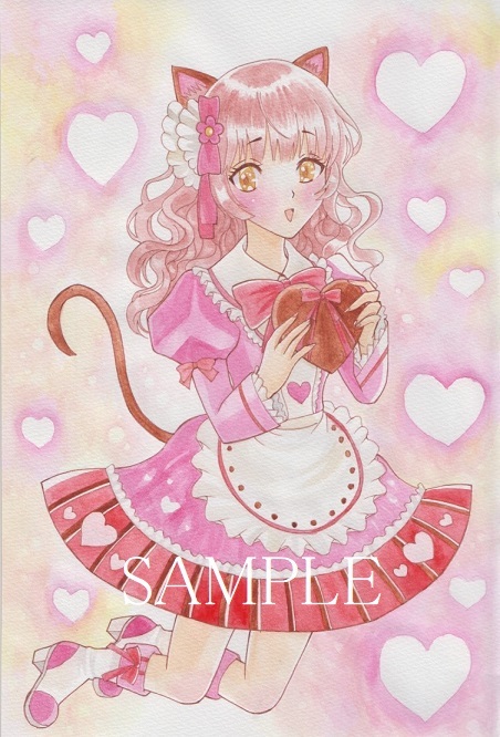 Illustration aquarelle créative fille aux oreilles de chat Valentine fleur de pêcher, des bandes dessinées, produits d'anime, illustration dessinée à la main