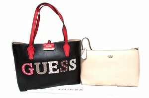 美品●GUESS ゲス●ロゴスタッズトートバッグ●ロゴ レザー 独立インナーバッグ付き レッド×ブラック×ピンク ショルダー Ａ4 通勤通学