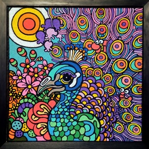 孔雀　クジャク　鳥　大きな鳥　インド　アジア　カラフル　真作　肉筆　一点物　原画　動物画　絵画　インテリア　　キモかわ　アクリル画