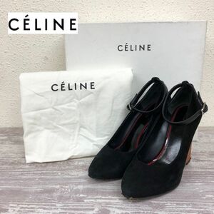 I2185-J◆イタリア製 CELINE セリーヌ ウェッジソールパンプス◆サイズ36.0 アンクルストラップ ブラック レディース 靴 スウェード